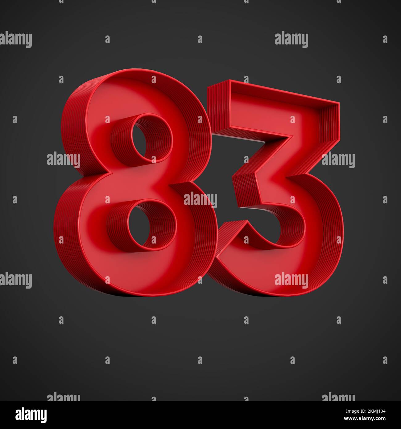 A 3d rendering of the number eighty-three in red over the black background - 83 icon Stock Photo