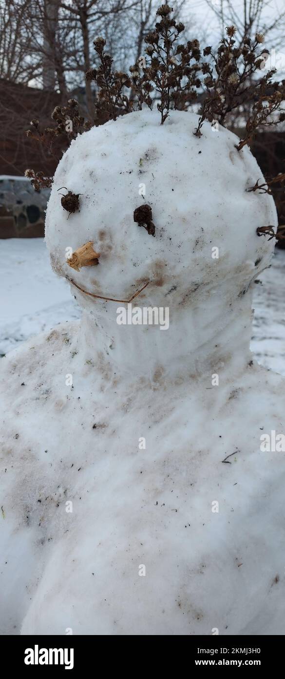 The snowman smiles. Snowman with stick hair. High quality photo Stock Photo
