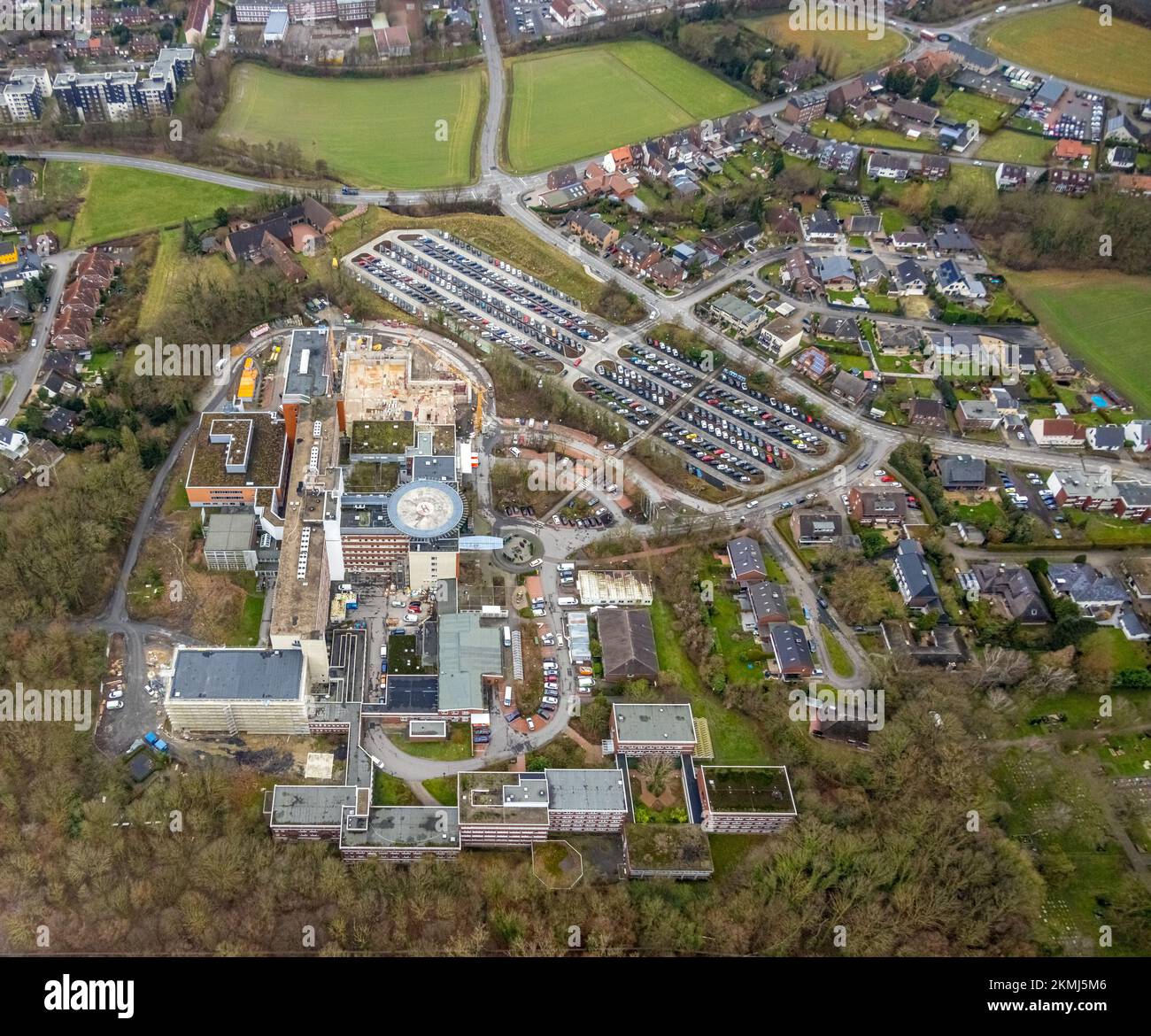Aerial view, construction site with extension at St. Barbara Hospital