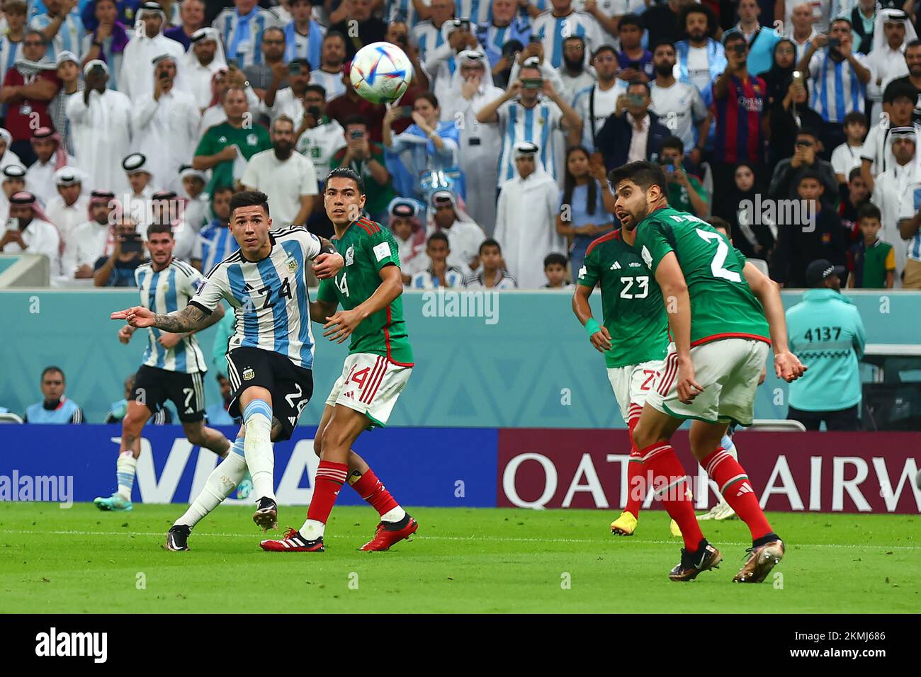 Doha, Qatar. 26th Nov, 2022. Enzo Fernandez of Argentina scores his side's second goal during the 2022 FIFA World Cup Group C match at Lusail Stadium in Doha, Qatar on November 26, 2022. Photo by Chris Brunskill/UPI Credit: UPI/Alamy Live News Stock Photo
