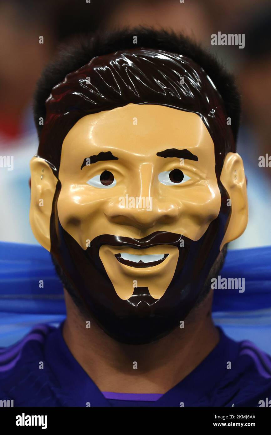 Doha, Qatar. 26th Nov, 2022. An Argentina fan looks on wearing a Lionel Messi mask during the 2022 FIFA World Cup Group C match at Lusail Stadium in Doha, Qatar on November 26, 2022. Photo by Chris Brunskill/UPI Credit: UPI/Alamy Live News Stock Photo