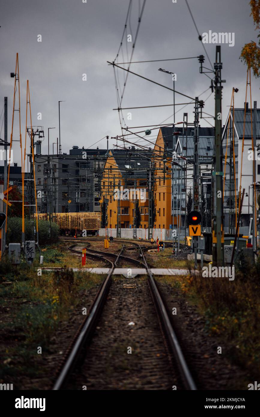 A railroad in a Swedish city in September  Stock Photo