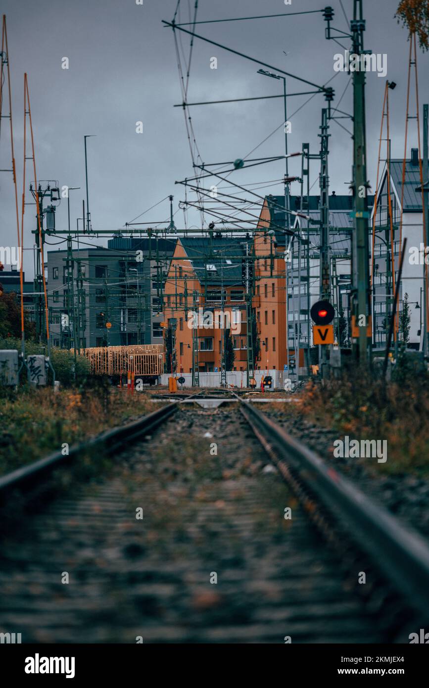 A railroad in a Swedish city in September  Stock Photo