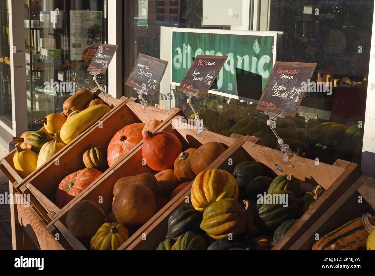 Organic squash for sale are pictured outside a grocery store in Victoria, British Columbia on