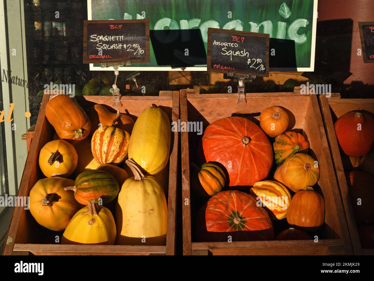 Organic squash for sale are pictured outside a grocery store in Victoria, British Columbia on