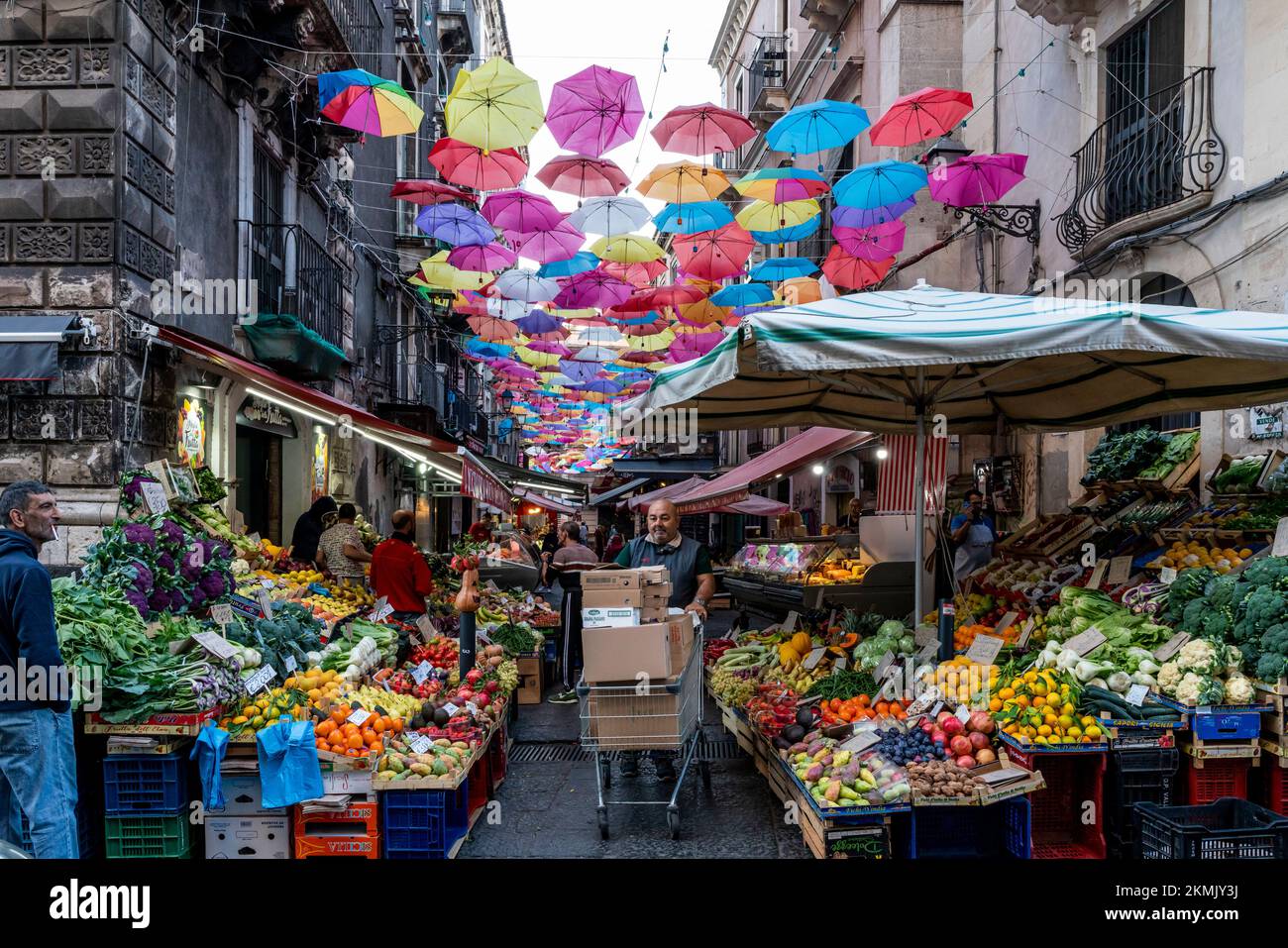 Fruit and Vegetables For Sale At A Colourful Street Market, Catania, Sicily, Italy. Stock Photo