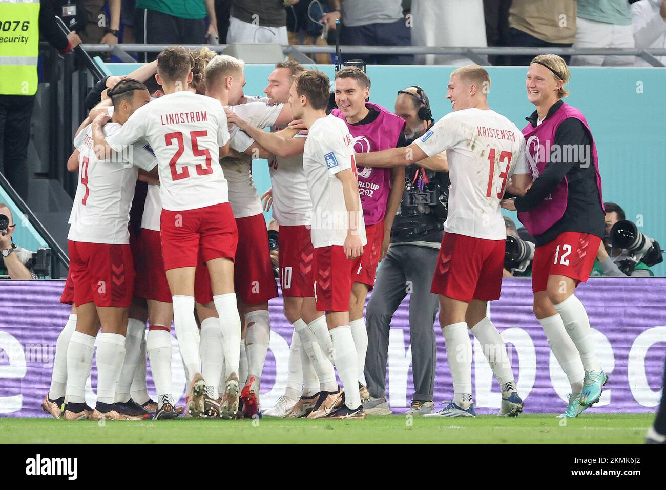 Denmark team celebrates after scoring a goal to make it 11 during the