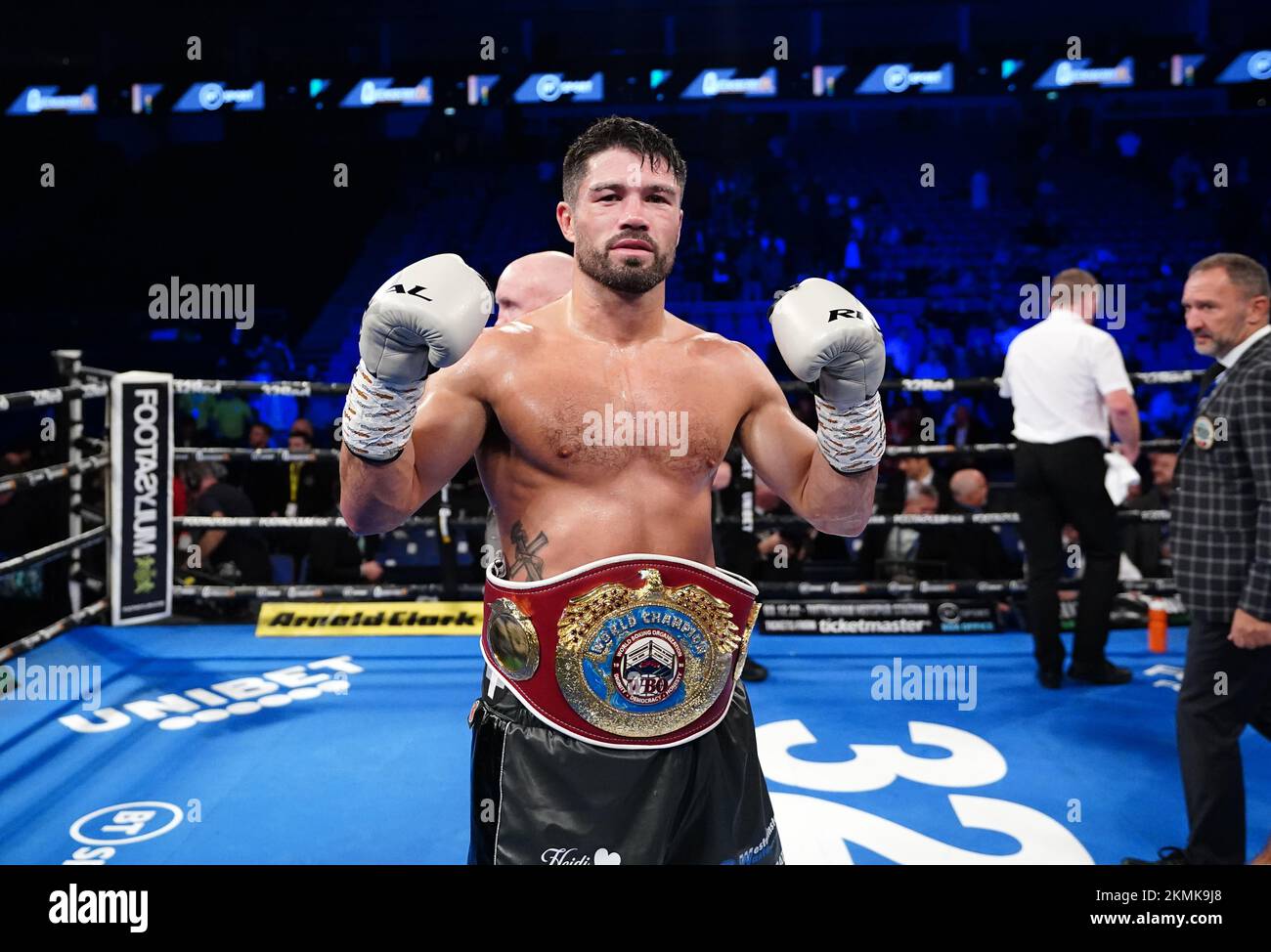 John Ryder celebrates victory by technical knock out of Zach Parker in the WBO Interim World Super Middle weight boutat The O2, London. Picture date: Saturday November 26, 2022. Stock Photo