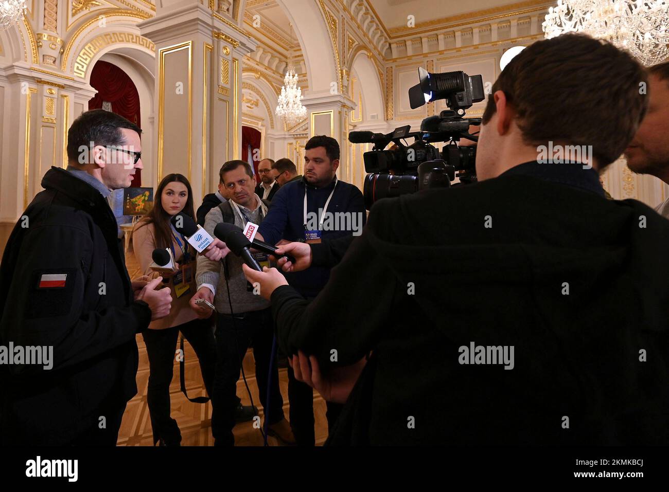 Kyiv, Ukraine. 26th Nov, 2022. Polish Prime Minister Mateusz Morawiecki, left, responds to a question from the media during a gaggle with Polish media at the conclusion of the inaugural International Summit of Food Security at the Mariinsky Palace, November 26, 2022 in Kyiv, Ukraine. Credit: Ukraine Presidency/Ukrainian Presidential Press Office/Alamy Live News Stock Photo