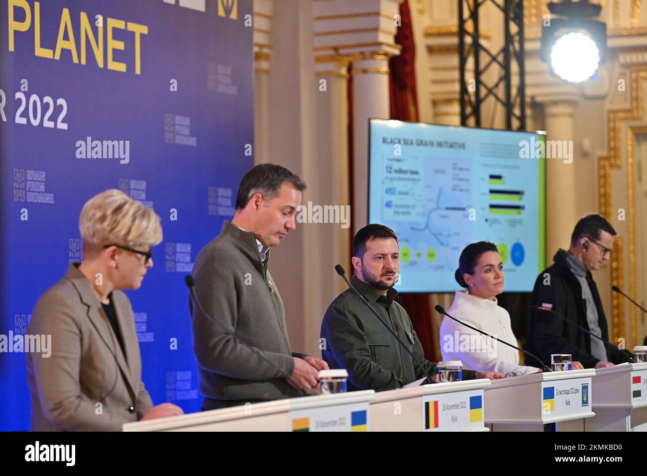 Kyiv, Ukraine. 26 November, 2022. Ukrainian President Volodymyr Zelenskyy, center, listens to a question from the media during the press conference at the conclusion of the inaugural International Summit of Food Security at the Mariinsky Palace, November 26, 2022 in Kyiv, Ukraine. Standing from left to right: Lithuanian Prime Minister Ingrida Simonyte, Belgian Prime Minister Alexander De Croo, Ukrainian President Volodymyr Zelenskyy, Hungarian Prime Minister Katalin Novak, and Polish Prime Minister Mateusz Morawiecki. Credit: Ukraine Presidency/Ukrainian Presidential Press Office/Alamy Live Ne Stock Photo