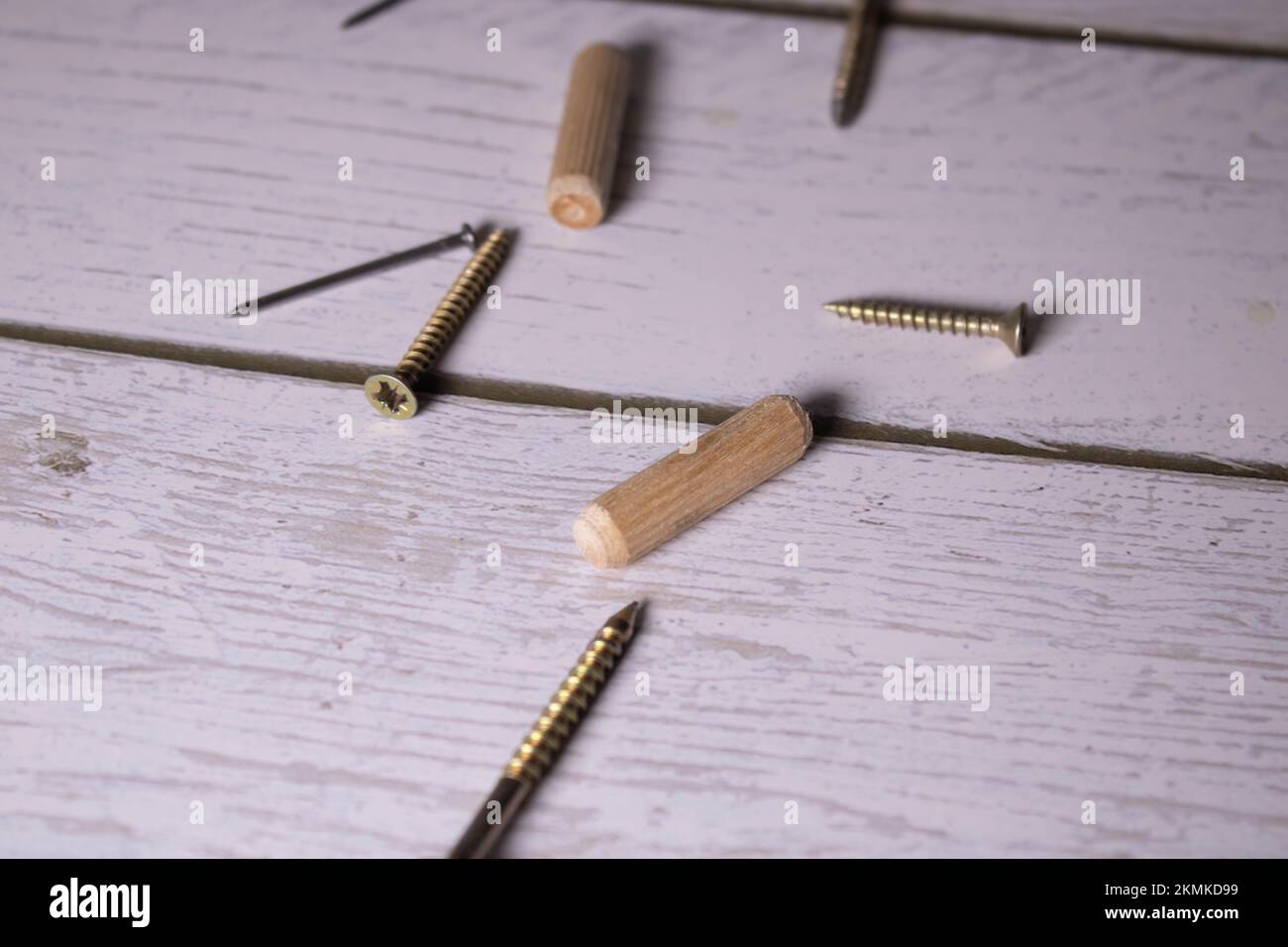 screws self-tapping screws on the background of a screwdriver, a selection of different self-tapping screws for different materials of walls and surfa Stock Photo