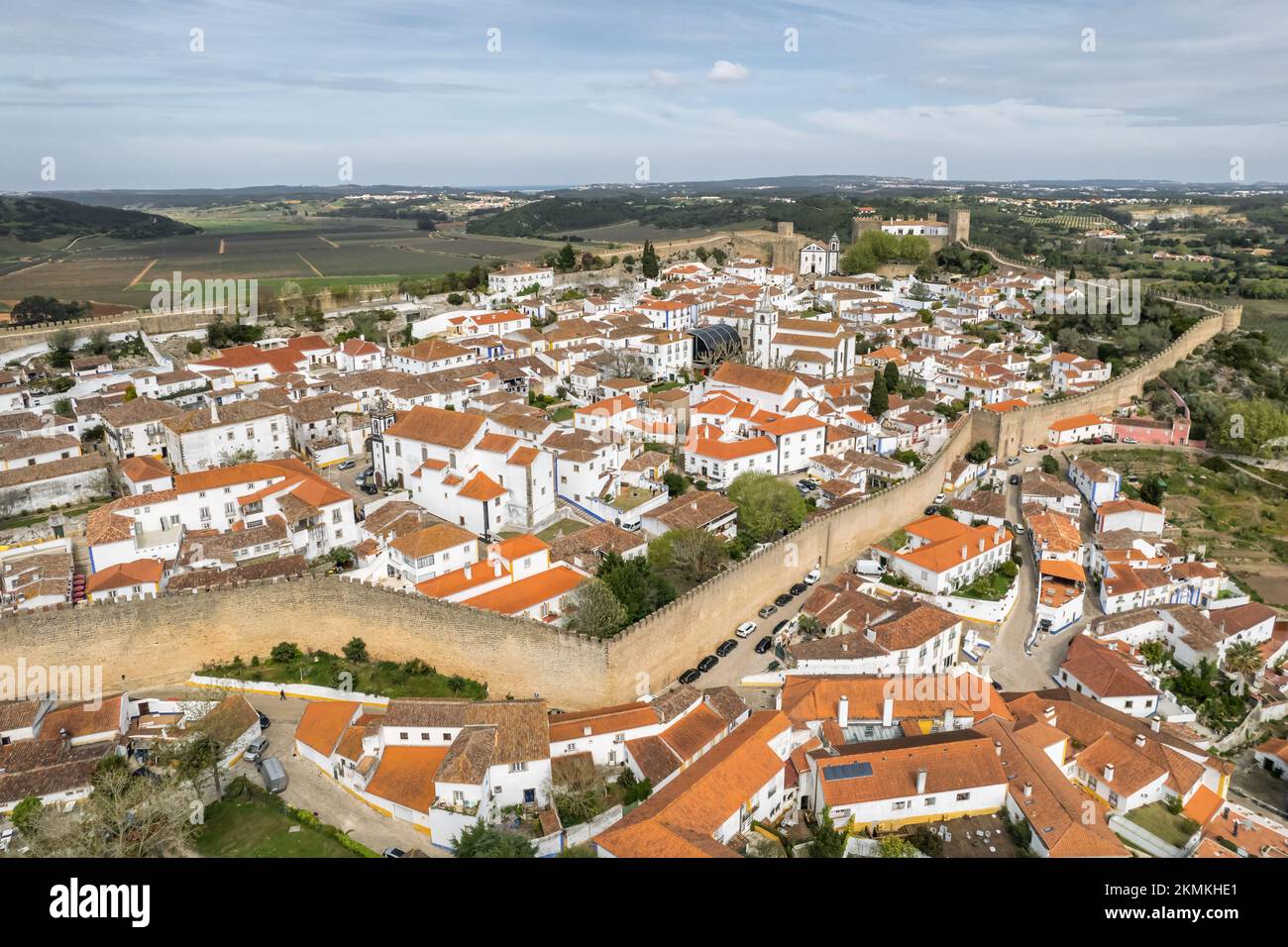Aerial view of the historic town Obidos, near Peniche, Portugal. Stock Photo