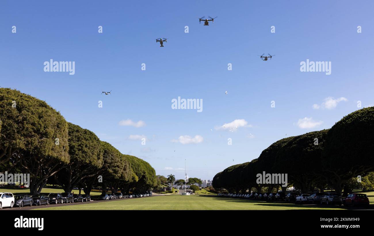 MV-22 Osprey tiltrotor aircraft conduct a flyover during a military honors ceremony for late retired U.S. Marine Corps Lt. Gen. Emerson Gardner at the National Memorial Cemetery of the Pacific (Punchbowl), Hawaii, Nov. 18, 2022. Gardner served as director for operations for U.S. Pacific Command at Camp Smith. Following retirement, Gardner sat on the board of directors for the Japan-America Society of Hawaii, the U.S. Army Science Board, and was the director of the Olmsted Foundations. Gardner died on Oct. 11, 2022. (U.S. Marine Corps photo by Cpl. Haley Fourmet Gustavsen) Stock Photo
