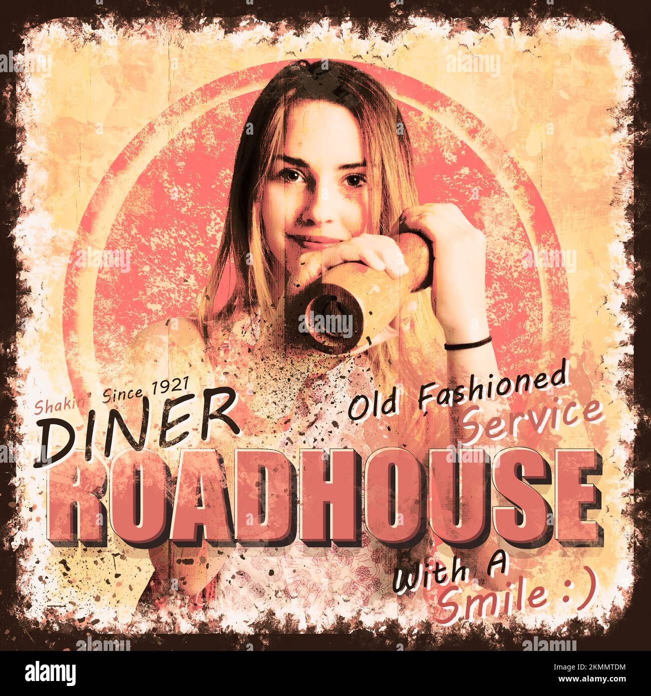 Vintage pink metal sign of a pop art poster girl offering peppercorns