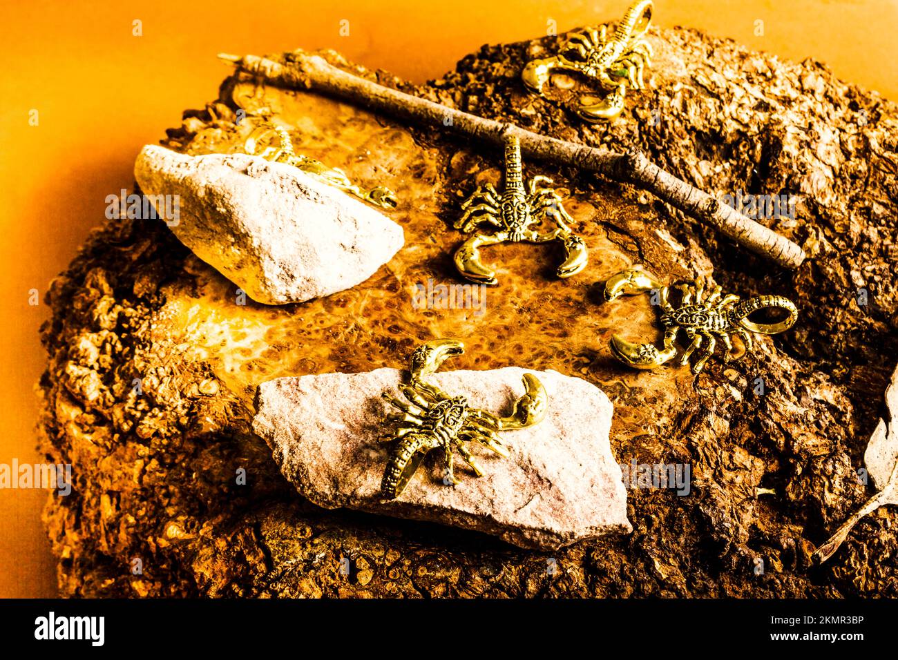 Golden scorpion amulets on huge stone, wealth and power of the scorpio star sign. Lucky charms Stock Photo