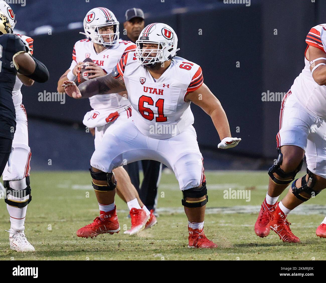 Boulder, CO, USA. 26th Nov, 2022. Utah Utes offensive lineman Kolinu'u Faaiu (61) blocks in the