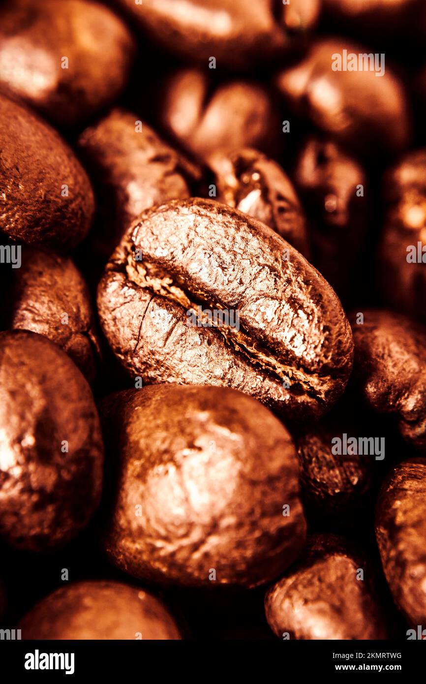 Roadhouse still-life art on a macro coffee grains in rich roasted style. Breakfast beans Stock Photo