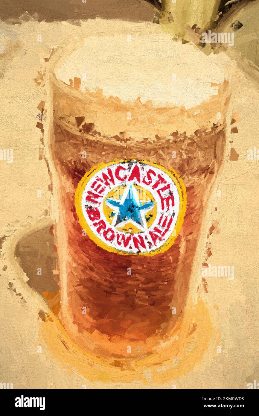 Fine art digital painting of a pint of Newcastle Brown Ale on bar table