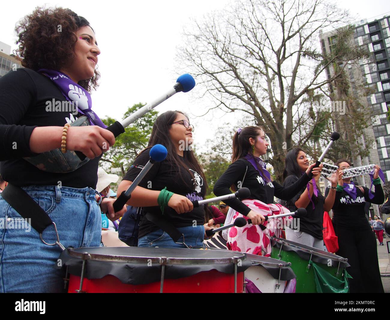 Lima, Peru. 25th Nov 2022. Girls playing the drums when thousands of women took to the street of Lima as part of the activities of the International Day for the Elimination of Violence Against Women, an event that is commemorated annually on November 25, the date on which the three Mirabal sisters (Patria, Minerva and María Teresa) were murdered. in the Dominican Republic on 1960. Credit: Fotoholica Press Agency/Alamy Live News Stock Photo