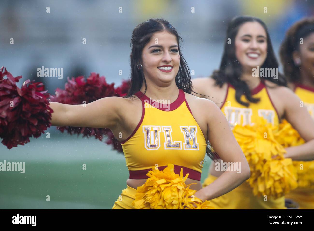 November 26, 2022: A ULM cheerleader performs during NCAA football game  action between the Southern Miss Golden Eagles and the University of  Louisiana at Monroe Warhawks at Malone Stadium in Monroe, LA.