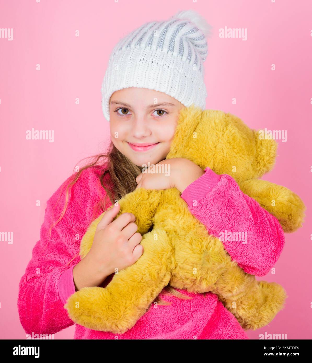 Teddy bears improve psychological wellbeing. Kid little girl play with