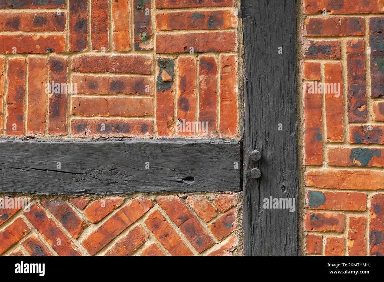 Wooden beams and brick pattern, Avon, Connecticut Stock Photo