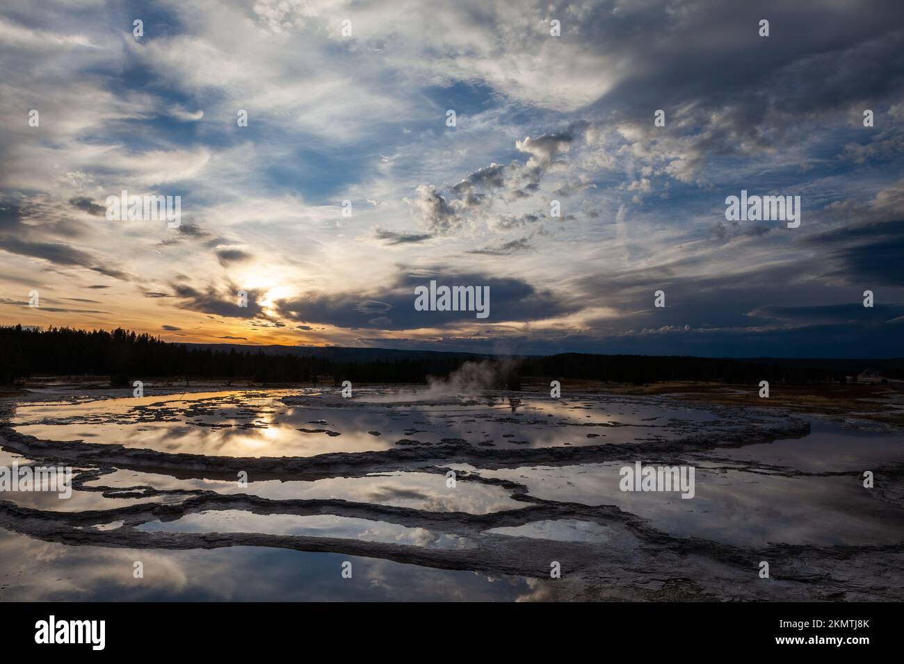 Great Fountain Geyser at sunset, Yellowstone National Park, Wyoming Stock Photo
