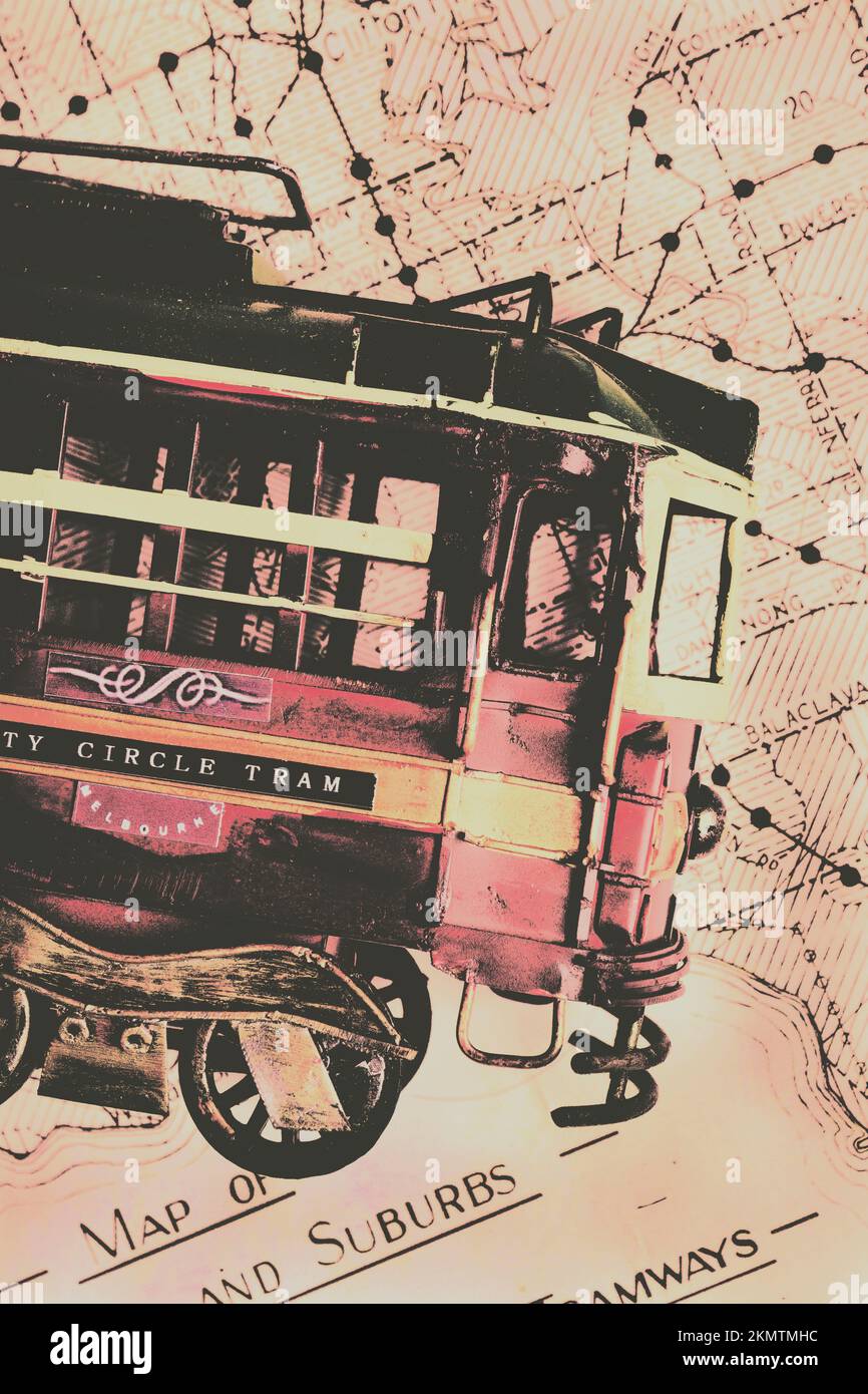 Posterise pop art design on an old Melbourne city map with line of past