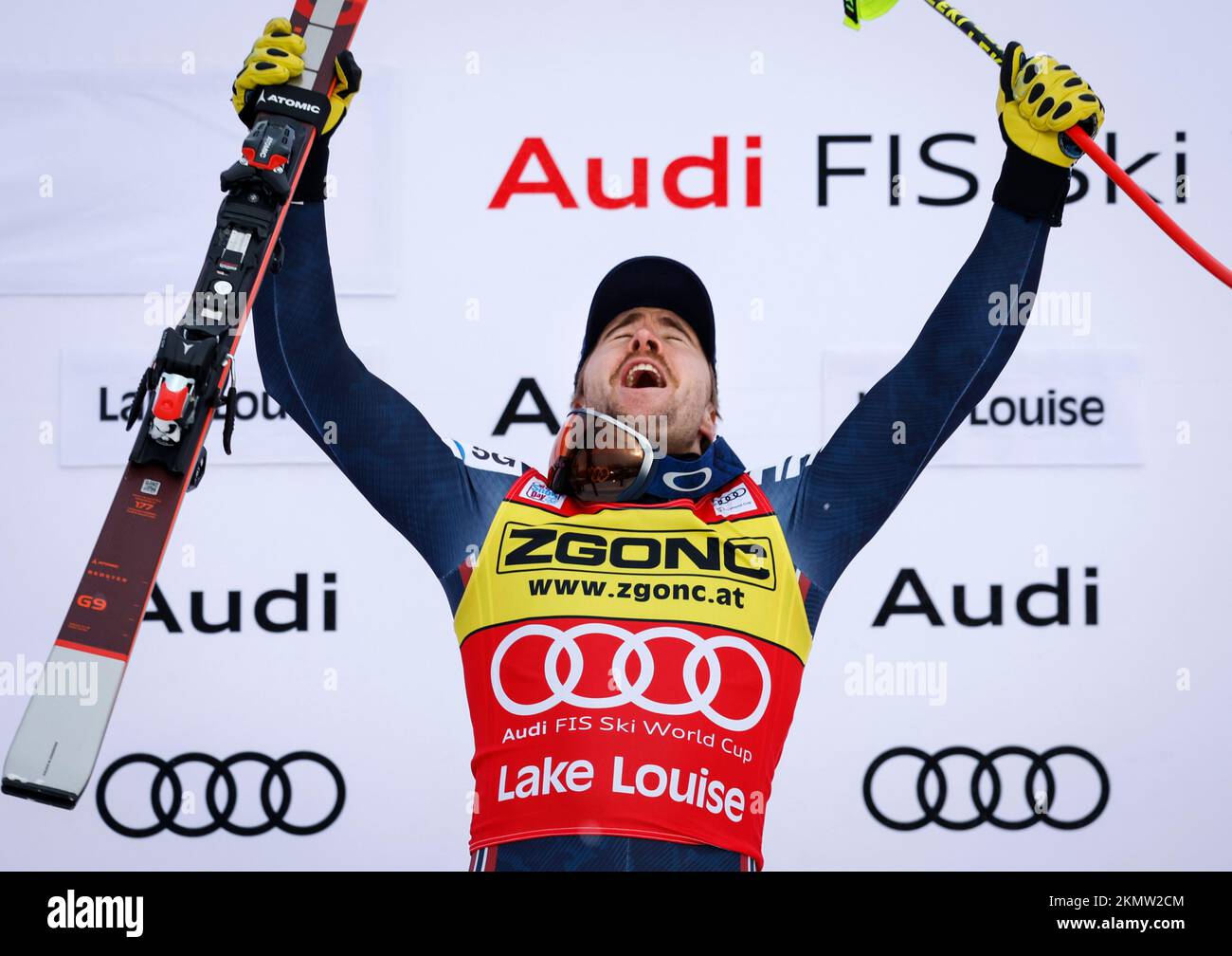 Norway's Aleksander Aamodt Kilde celebrates his victory on the podium