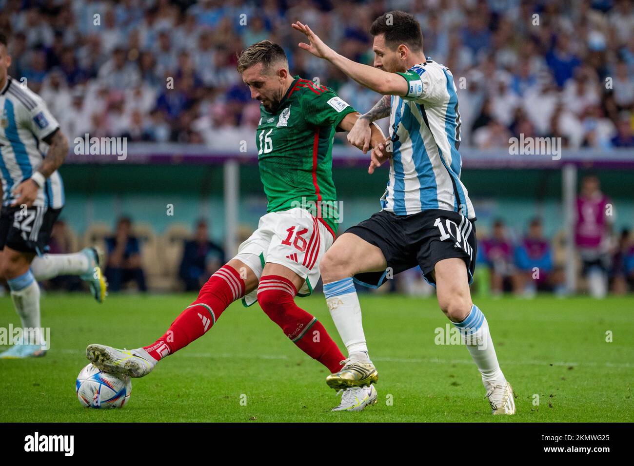 Lusail, Qatar. 27th Nov, 2022. Hector Herrera of Mexico and Lionel Messi of Argentina during the FIFA World Cup Qatar 2022 Group C match between Argentina and Mexico at Lusail Stadium in Lusail, Qatar on November 26, 2022 (Photo by Andrew Surma/ Credit: Sipa USA/Alamy Live News Stock Photo