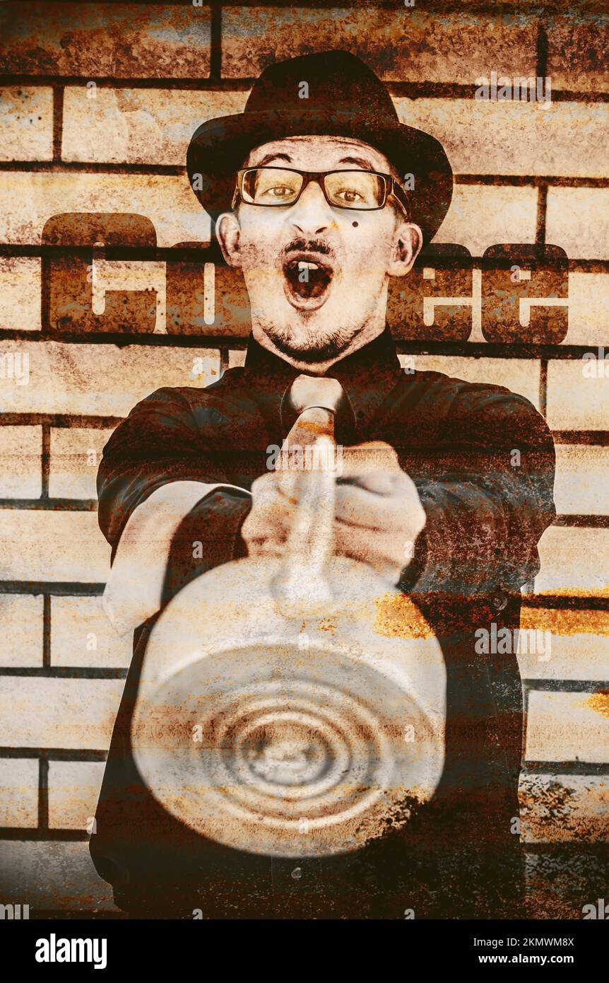 Antique photo with texture of a retro coffee shop man holding boiling pot with excited expression. Vintage tea and coffee advertisement Stock Photo