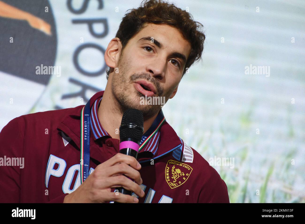 Rome, Italy. 25th Nov, 2022. Olympic Stadium in Rome, Manuel Frigo silver  medalist in the 4×100m freestyle relay at the Tokyo 2022 Olympics Games  receives an award for sporting merits (Photo by