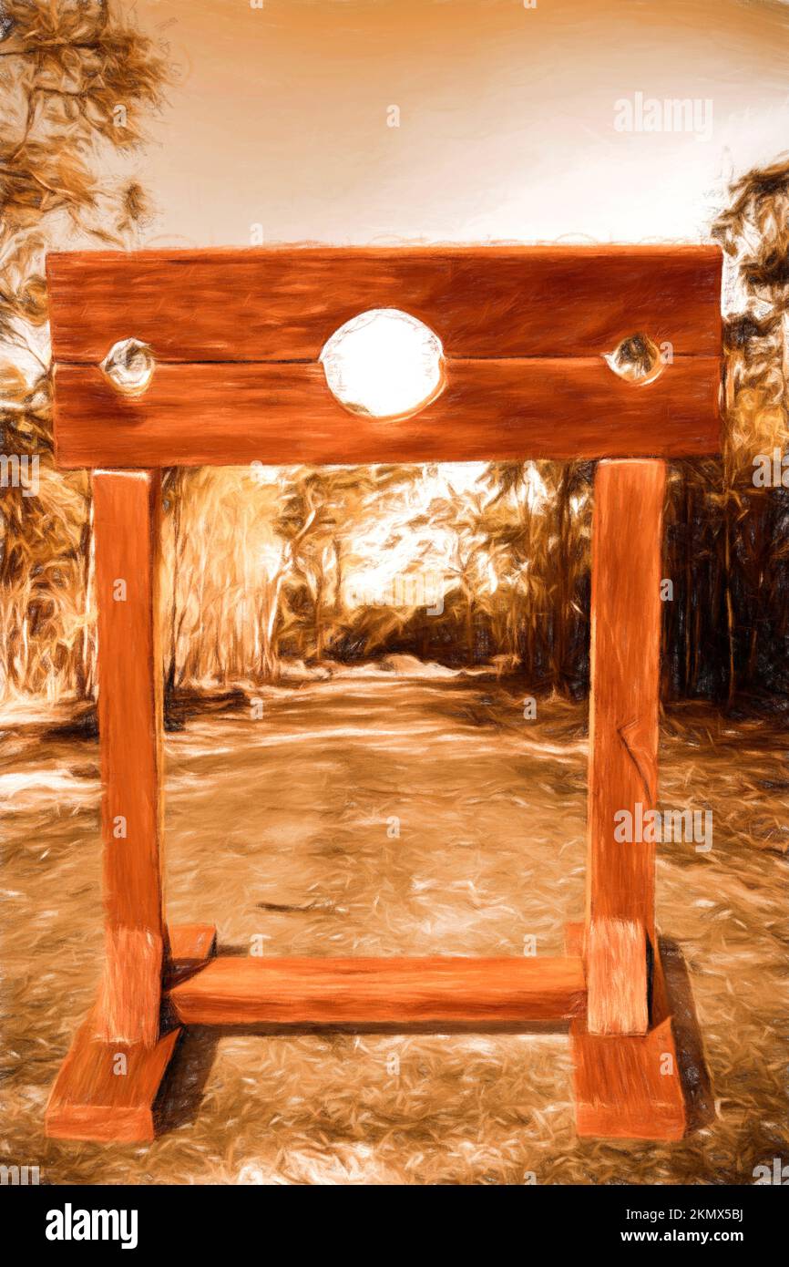Digital painting of historic wooden pillories empty in a vintage open