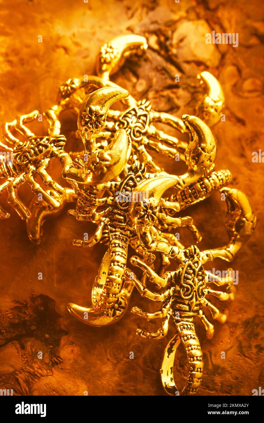 Egyptian style art on golden scorpion treasures made from ancient gold. From the pharaohs tomb