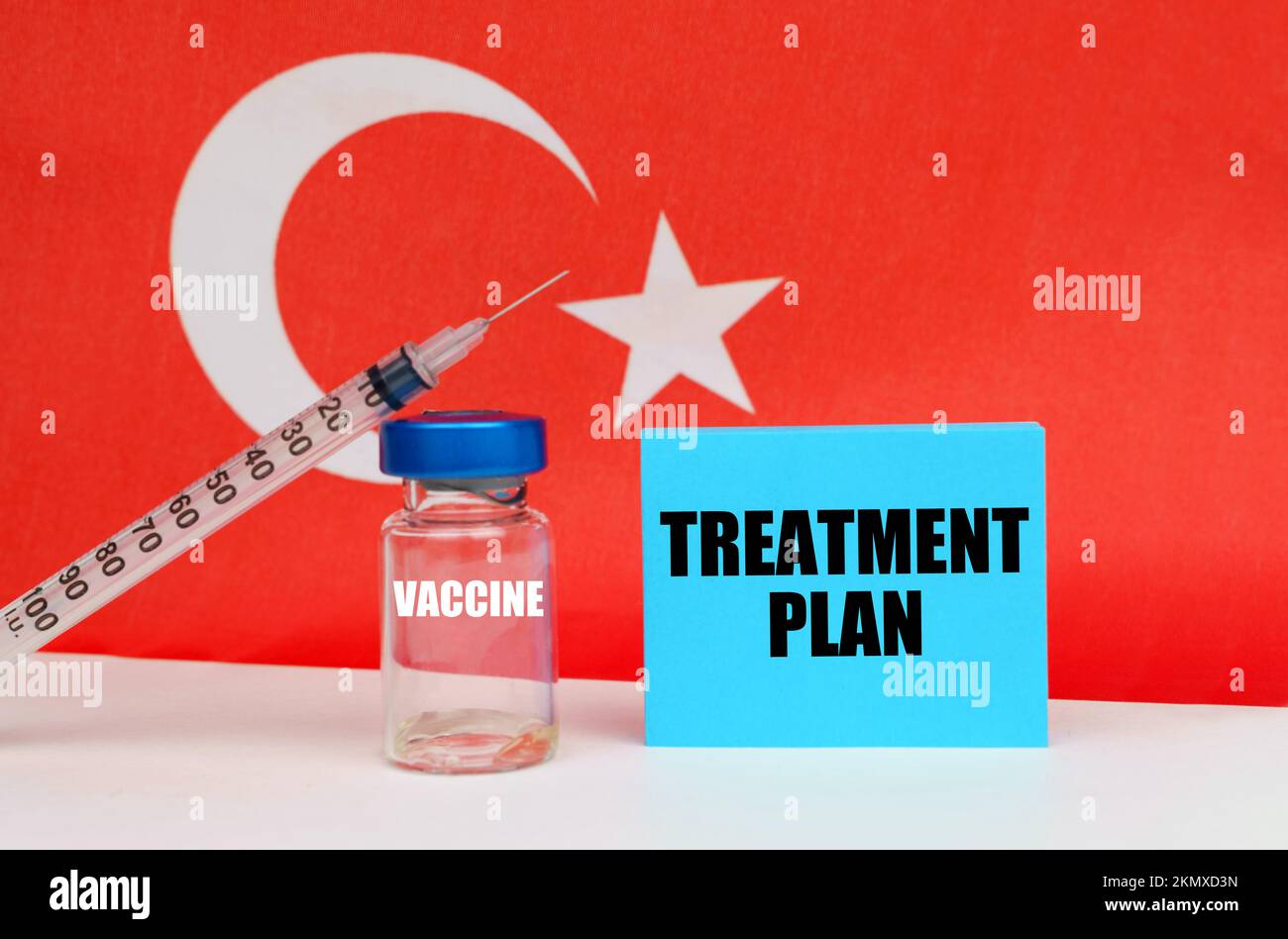 Medicine concept. Vaccine, syringe and blue plate with the inscription