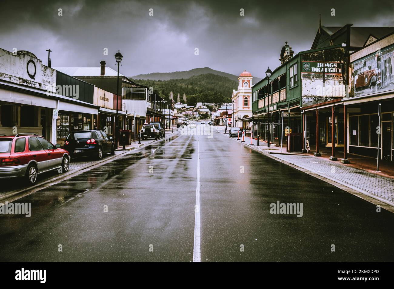 Horizontal streetscape on the heritage mining town of Queenstown