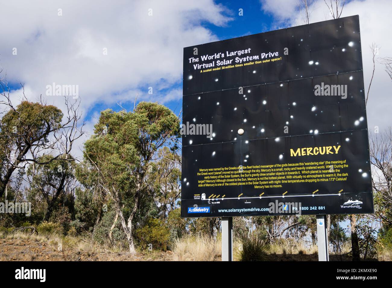 Billboard depicting planet Mercury on roadside, World's largest Virtual Solar System Drive, Coonabarabran, NSW Australia Stock Photo