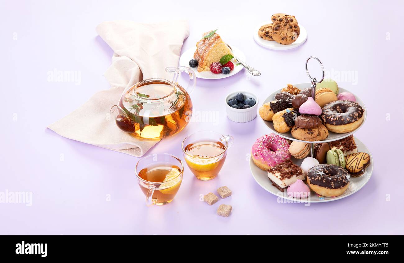 Traditional English tea. Afternoon tea with selection of sweets on