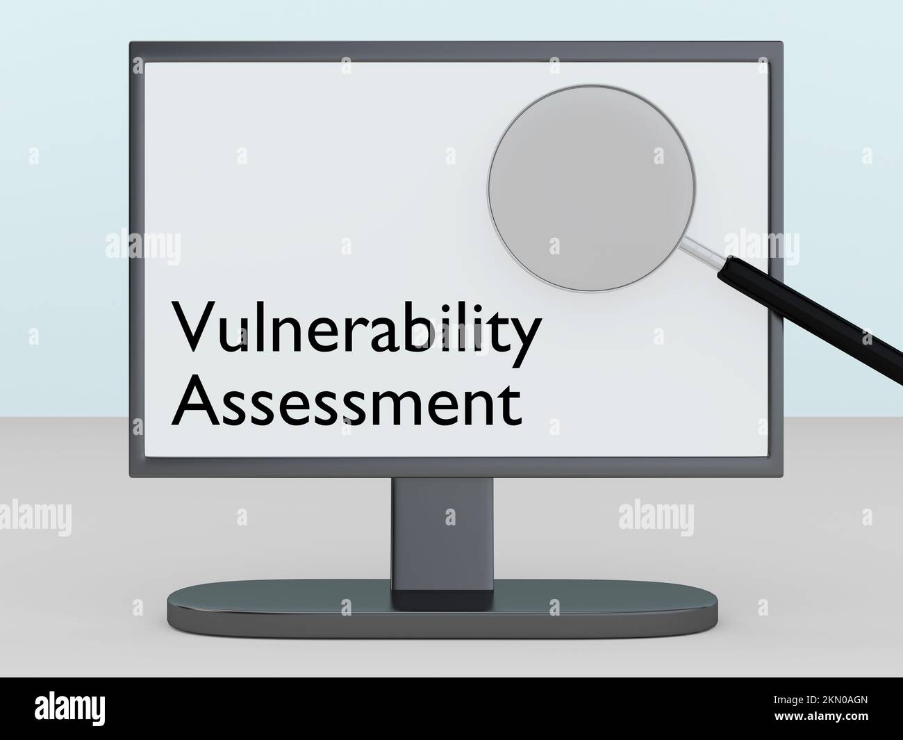 3D illustration of Vulnerability Assessment script on a PC screen, along with symbolic magnifying glass. Stock Photo
