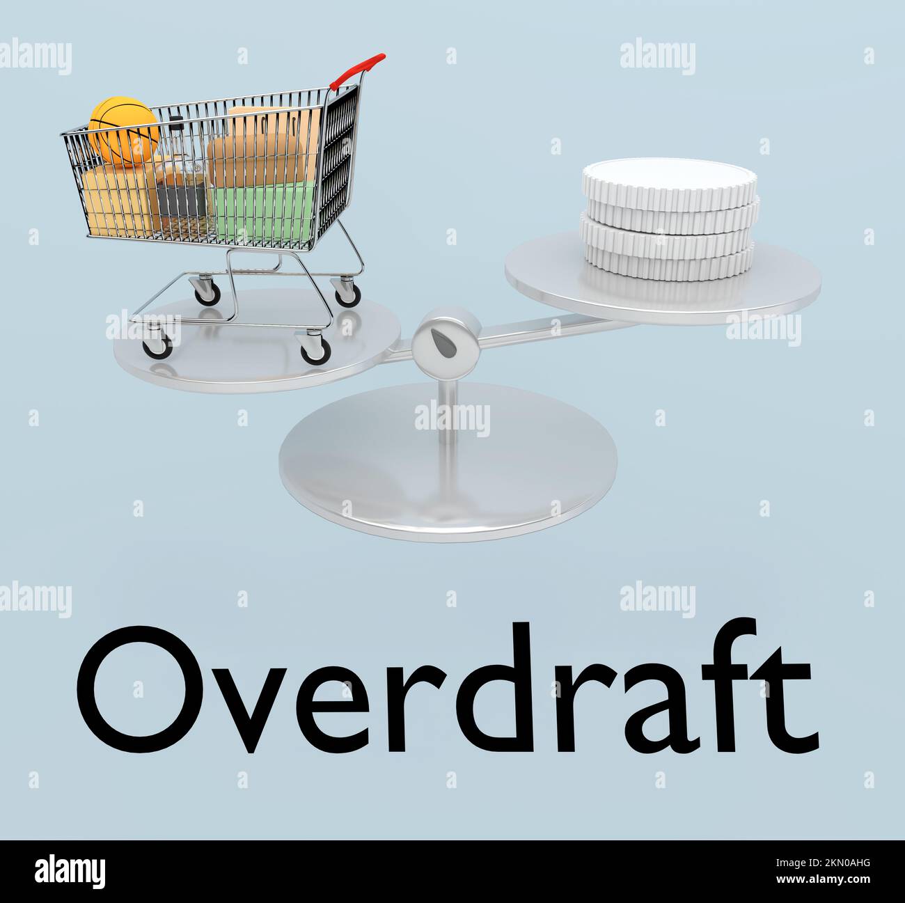 3D illustration of scales loaded with a pile of silver coins on one hand and a loaded supermarket cart on the other hand, and the script Overdraft at Stock Photo