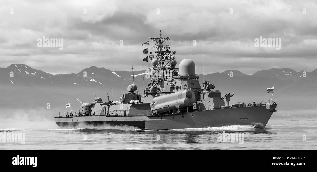 The Russian warship going along the coast of Kamchatka Stock Photo