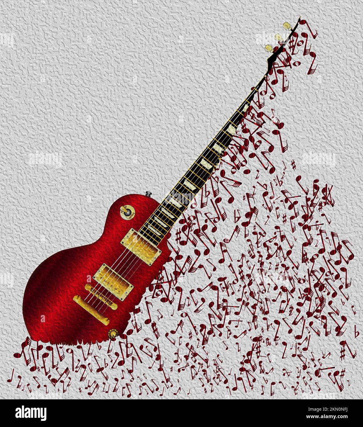 The definitive rock and roll guitar disintigrating into a hail of red musical notes on canvas Stock Photo