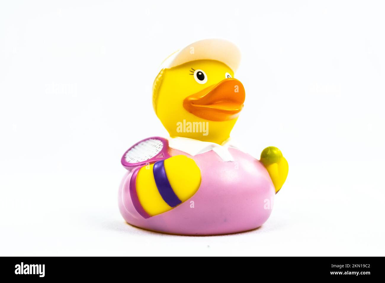 Tennis player female Duck Floating Toy with racket and ball Stock Photo