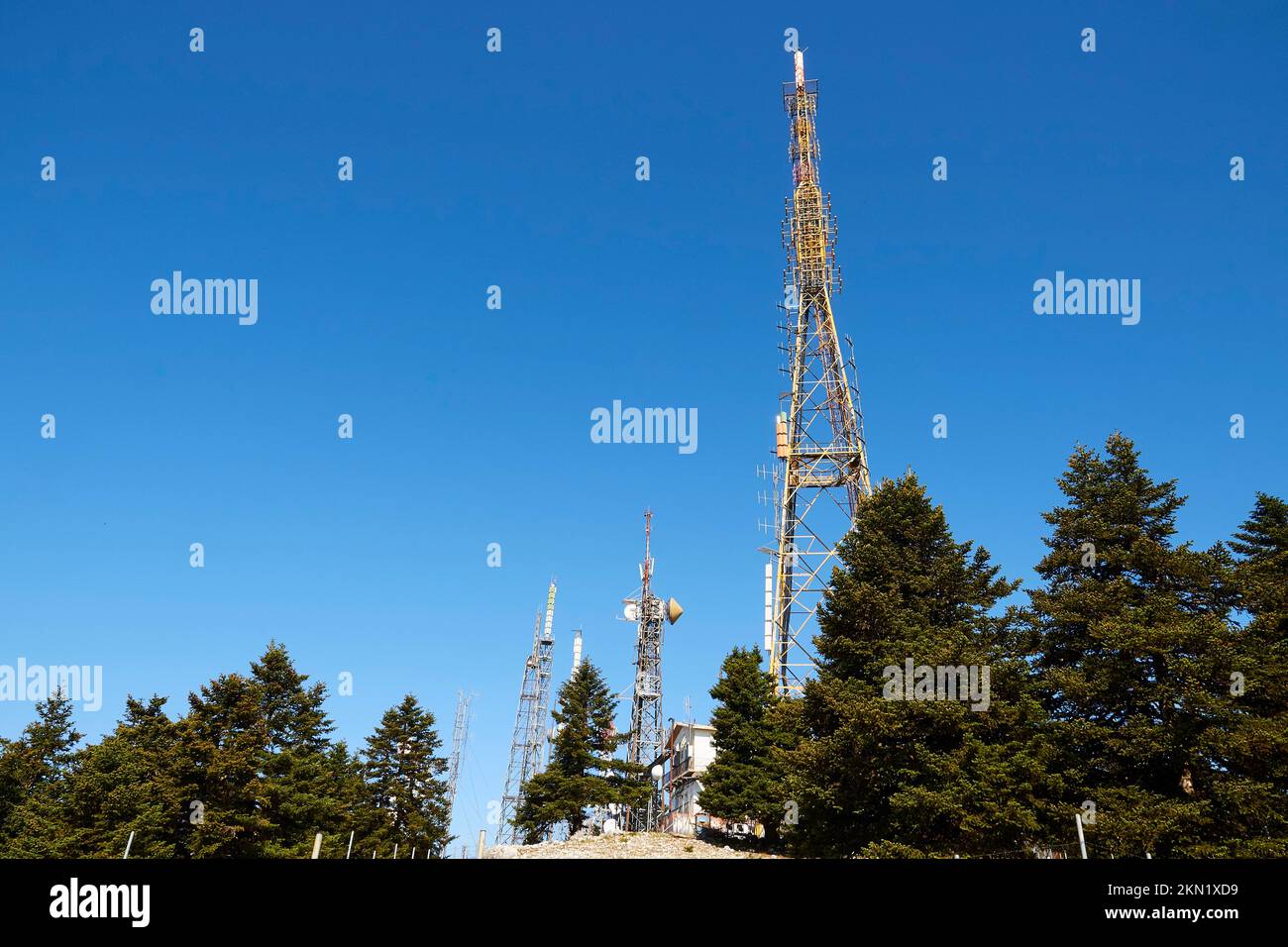 Aerial masts, greek fir (Abies cephalonica), mountain top, blue cloudless sky, Mount Enos, Kefalonia Island, Ionian Islands, Greece, Europe Stock Photo