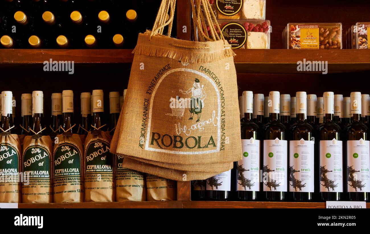 Wine, white wine, Robola, cooperative winery, bottles in jute bag, wine rack, detail, Kefalonia Island, Ionian Islands, Greece, Europe Stock Photo