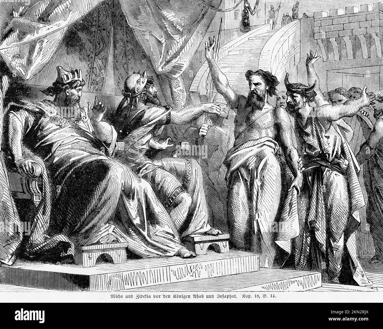 Micah and Zidekiah in front of the kings Ahab and Jehoshaphat, kings