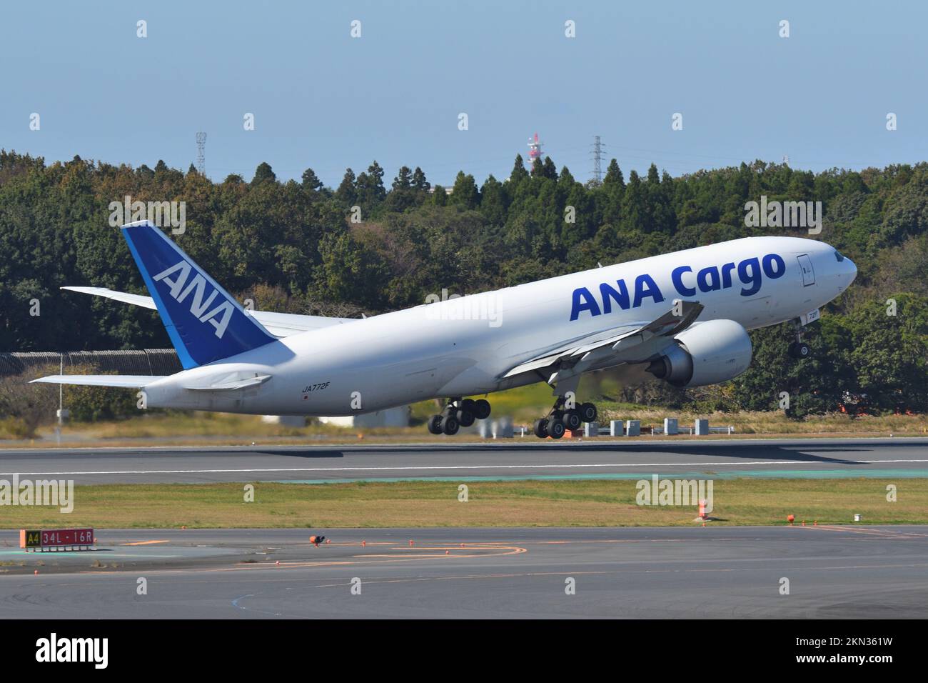 Chiba Prefecture, Japan - October 29, 2021: ANA Cargo Boeing B777-F (JA772F) freighter. Stock Photo