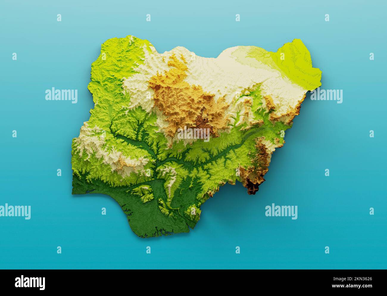 A 3D rendering of a height map of Nigeria with shaded relief isolated on blue background Stock ...