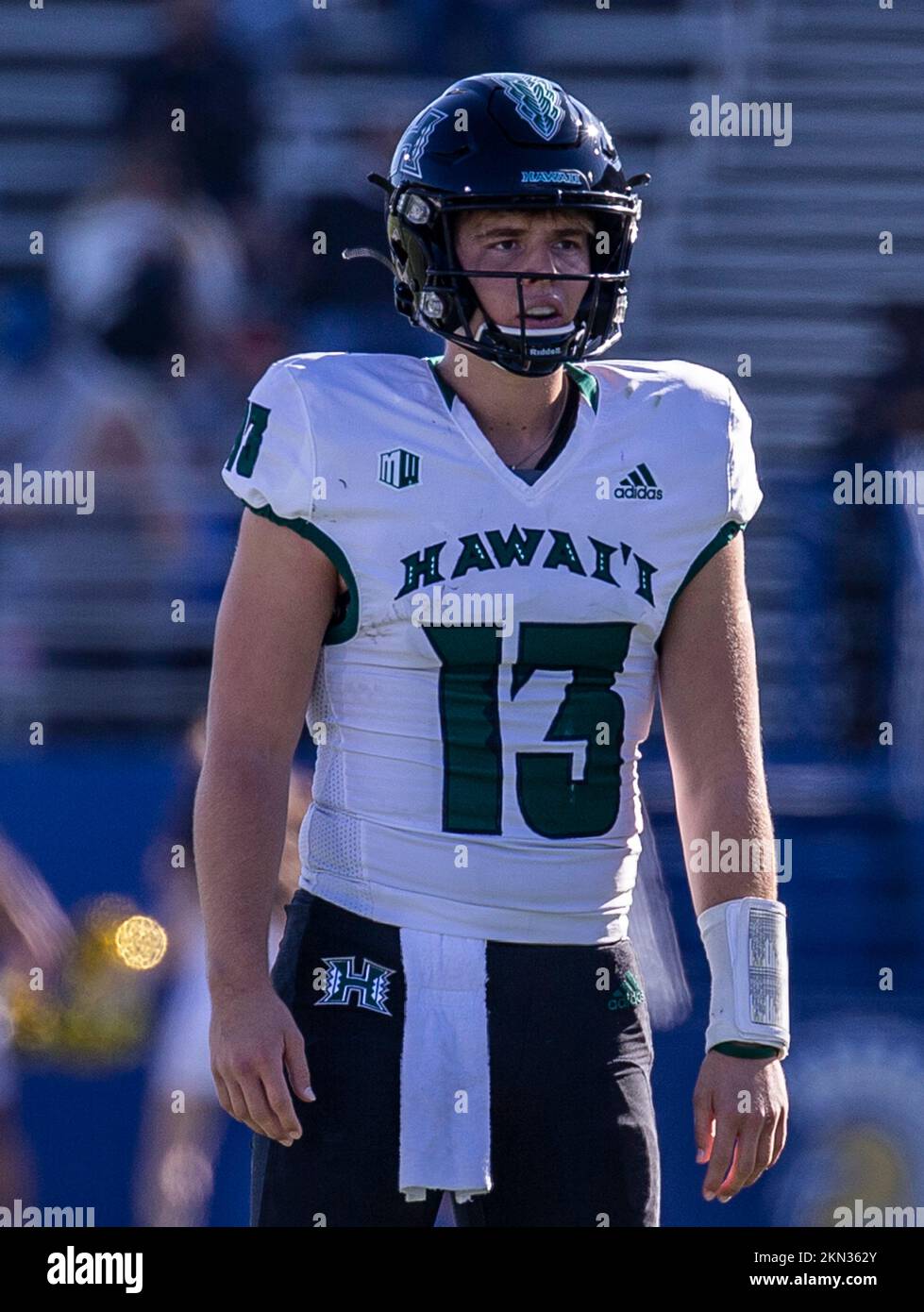 CEFCU Stadium San Jose, CA. 26th Nov, 2022. San Jose, CA U.S.A. Hawaii quarterback Brayden Schager (13) on the field during the NCAA Football game between Hawaii Rainbow Warriors and the San Jose State Spartans. San Jose State beat Hawaii 27-14 at CEFCU Stadium San Jose, CA. Thurman James/CSM/Alamy Live News Stock Photo