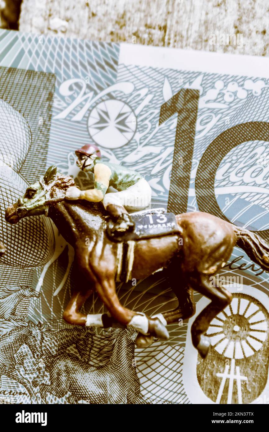 Artistic still-life art on a model horseman racing on a Australian ten dollar note. Melbourne Cup Wager Stock Photo